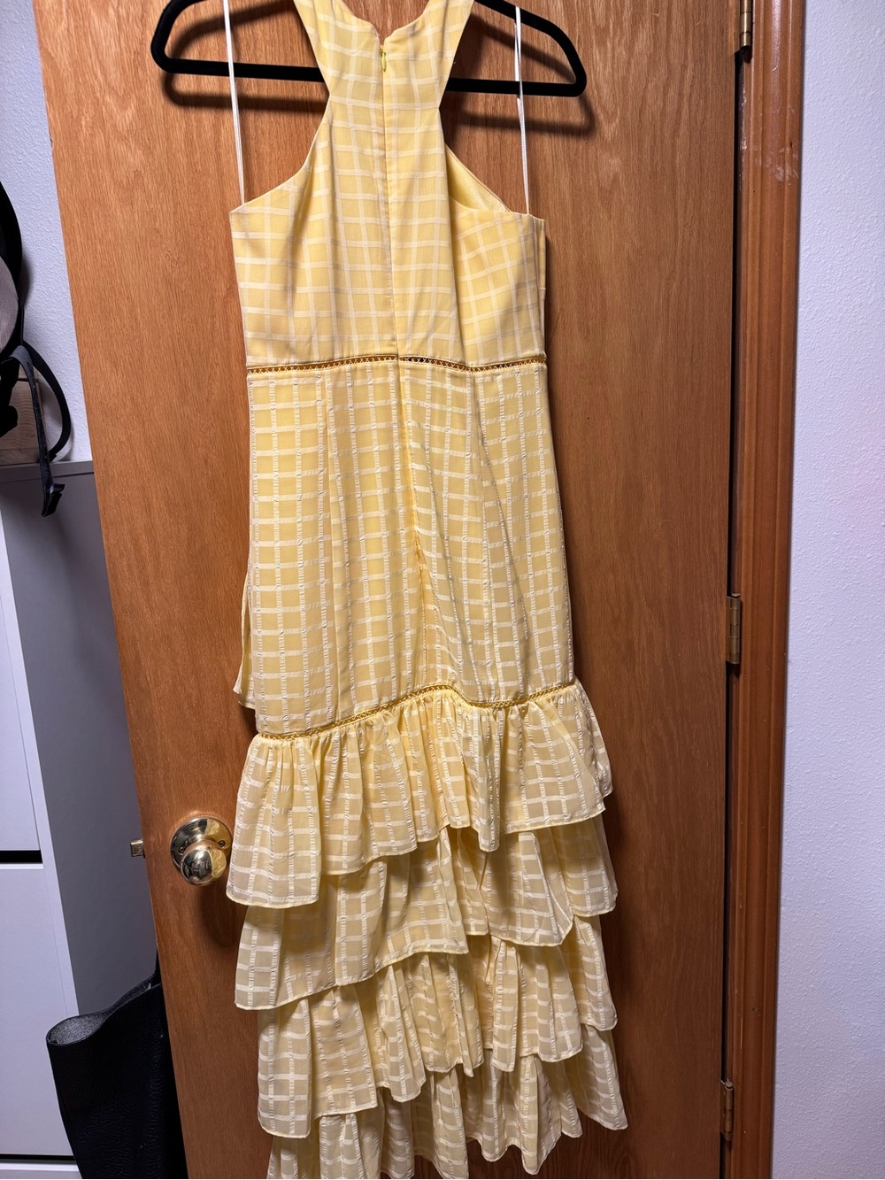 Likely Yellow Check Halter Ruffle Midi Dress